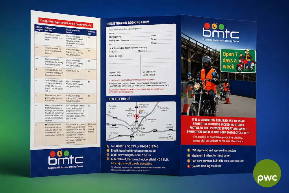 Tri-fold brochure design for Brighouse Motorcycle Training Centre, Huddersfield