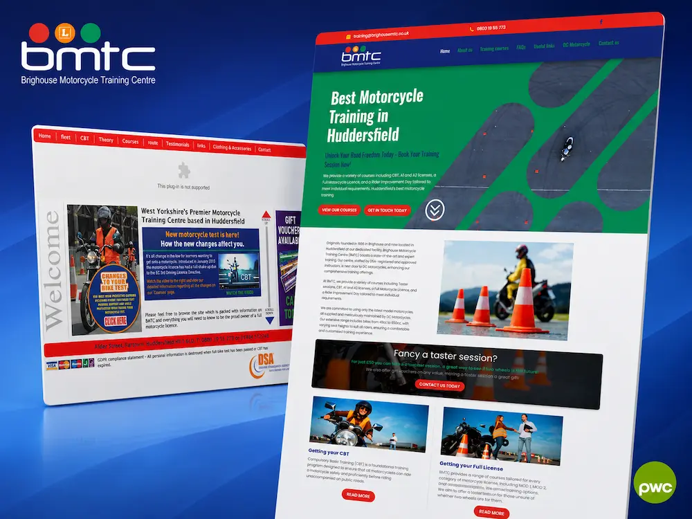 Old vs new website design comparison for BMTC, Huddersfield motorcycle training centre